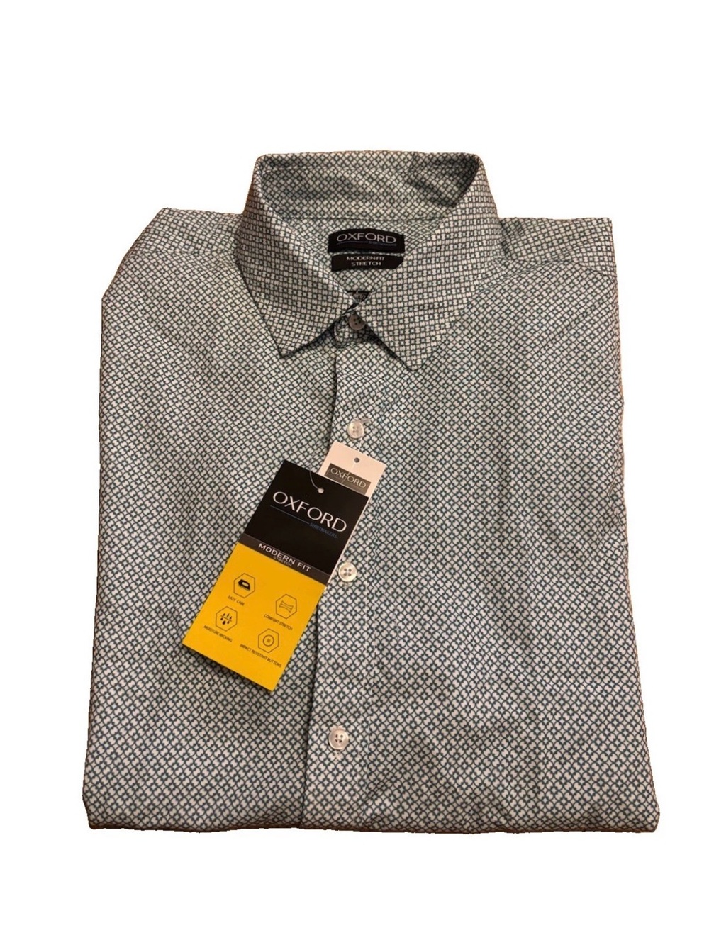 Oxford Men's Geometric Print Button-Down Shirt - White/Teal L (16/16.5) (32/33)